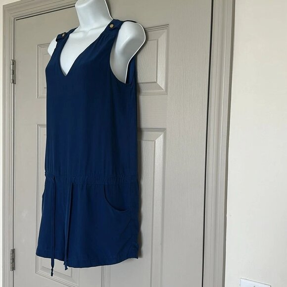 Amanda Uprichard Women’s Navy 100% Silk Sleeveless Tie Waist V-Neck Romper Sz S - Picture 7 of 10
